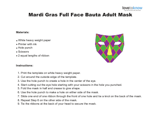 Document preview: Mardi Gras Full Face Bauta Adult Mask Template