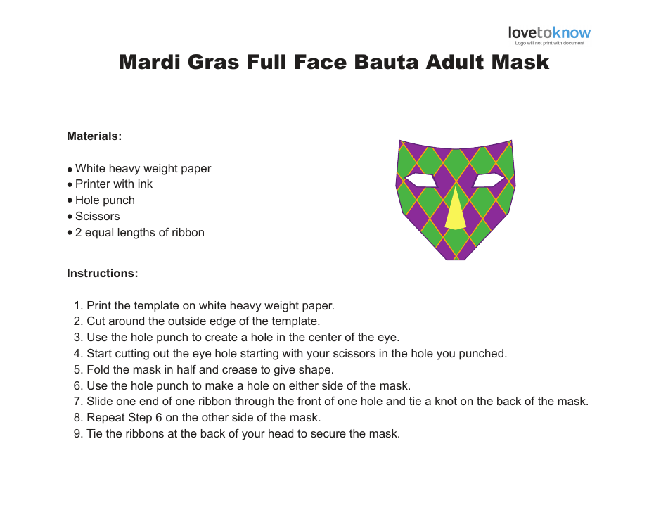 Mardi Gras Full Face Bauta Adult Mask Template, Page 1