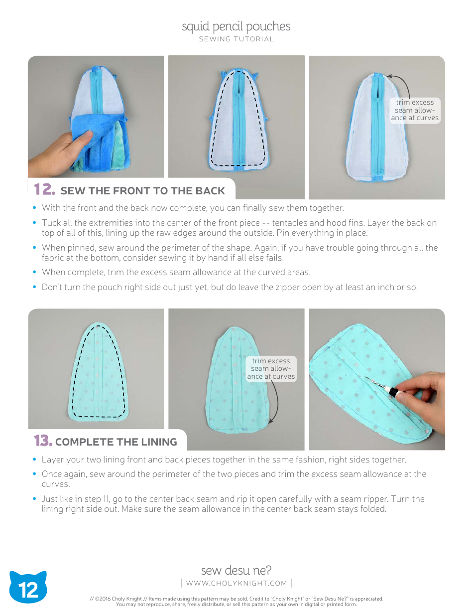 Squid Pencil Pouches Sewing Pattern Templates, Page 12