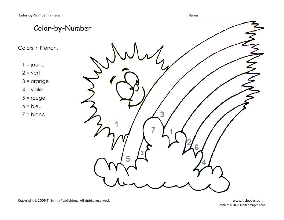 Rainbow Color by Number - Colors in French, Page 1