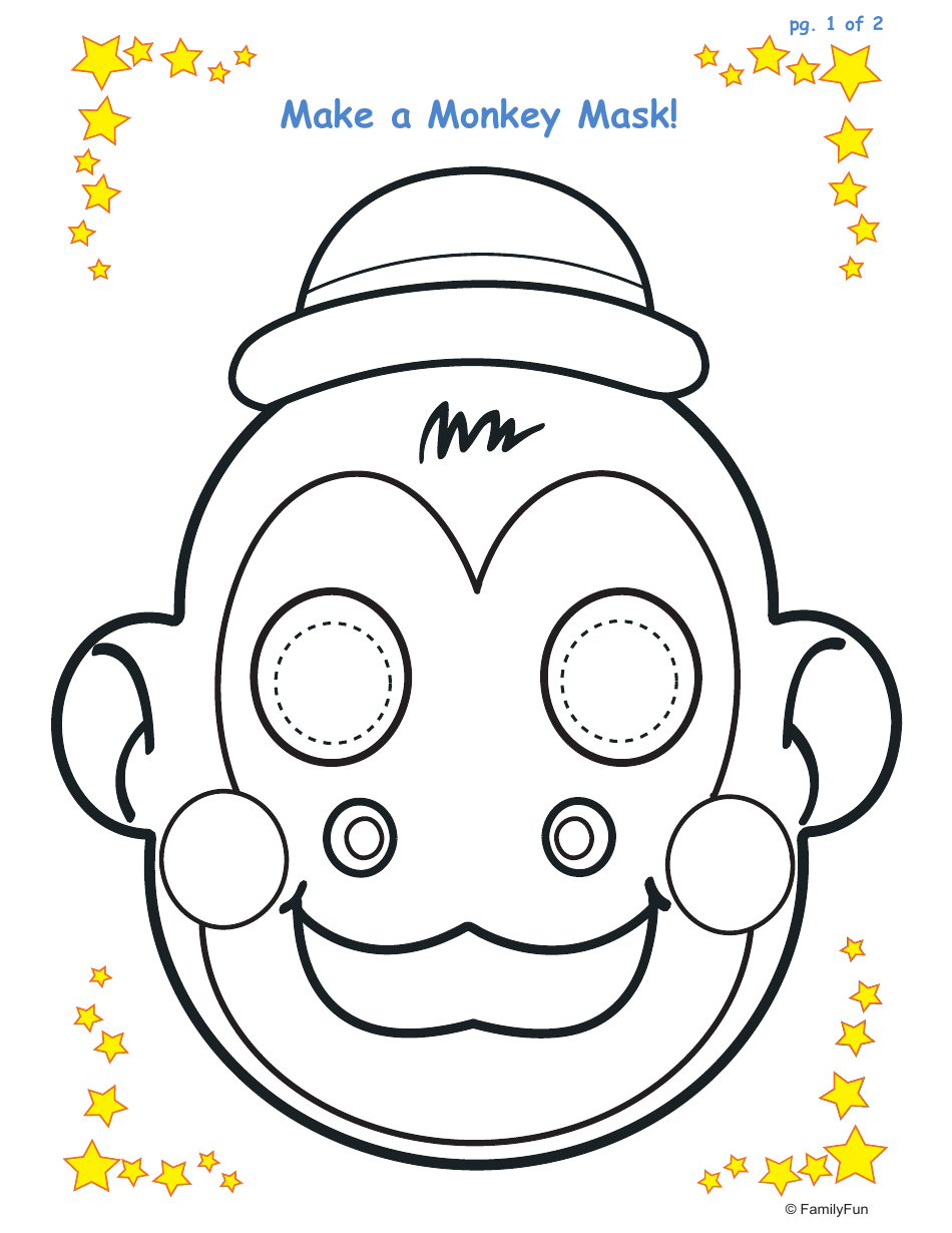 Monkey Mask Coloring Template - Stars, Page 1