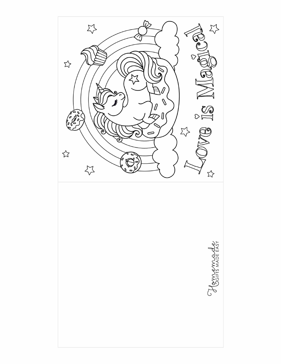 Unicorn Rainbow Candy Valentine Coloring Card Template, Page 1