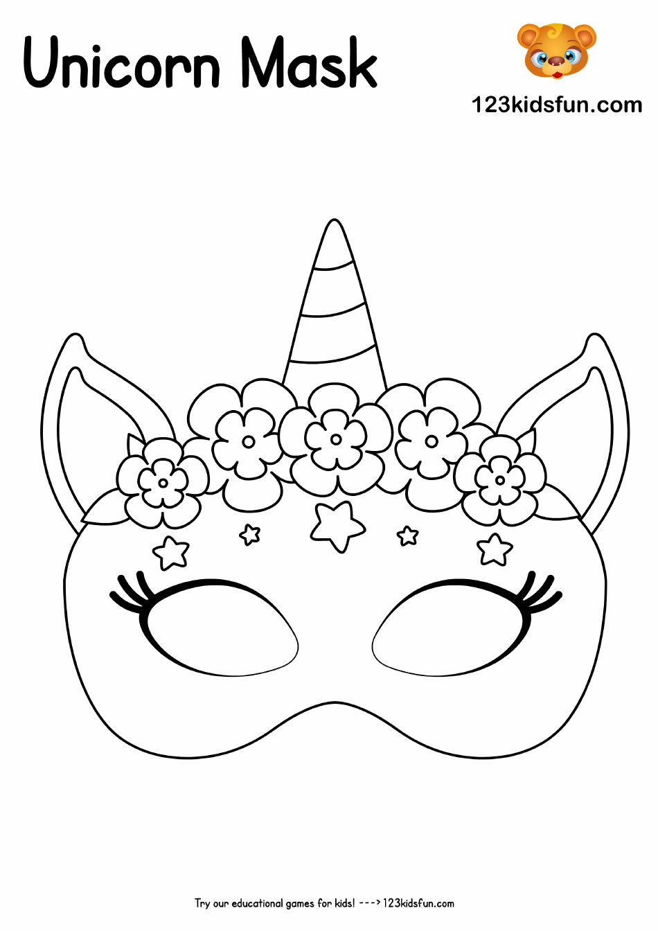 Unicorn Mask Coloring Template - Flowers, Page 1