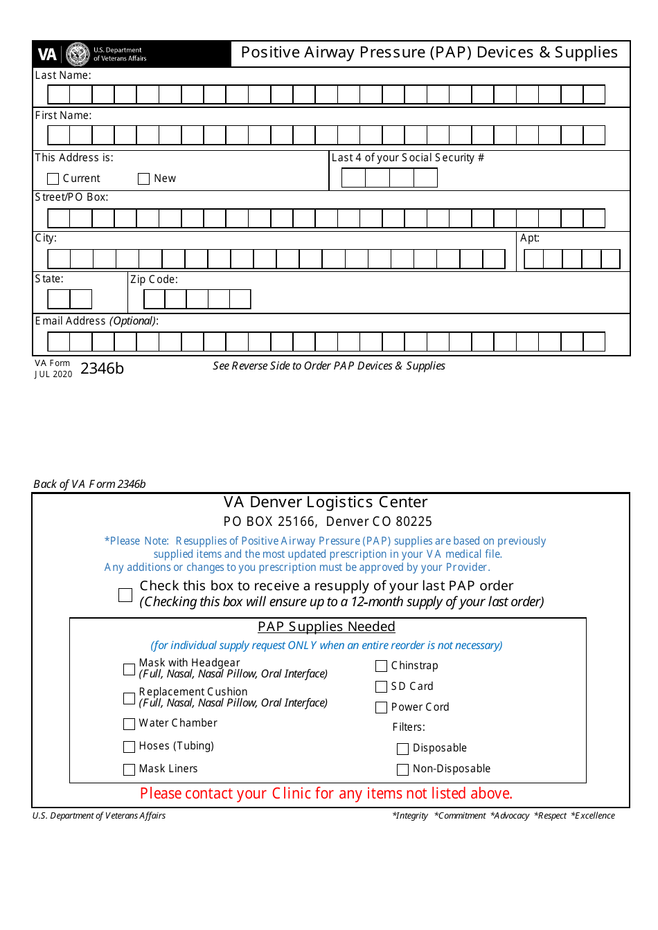 VA Form 2346B Positive Airway Pressure (Pap) Devices  Supplies, Page 1