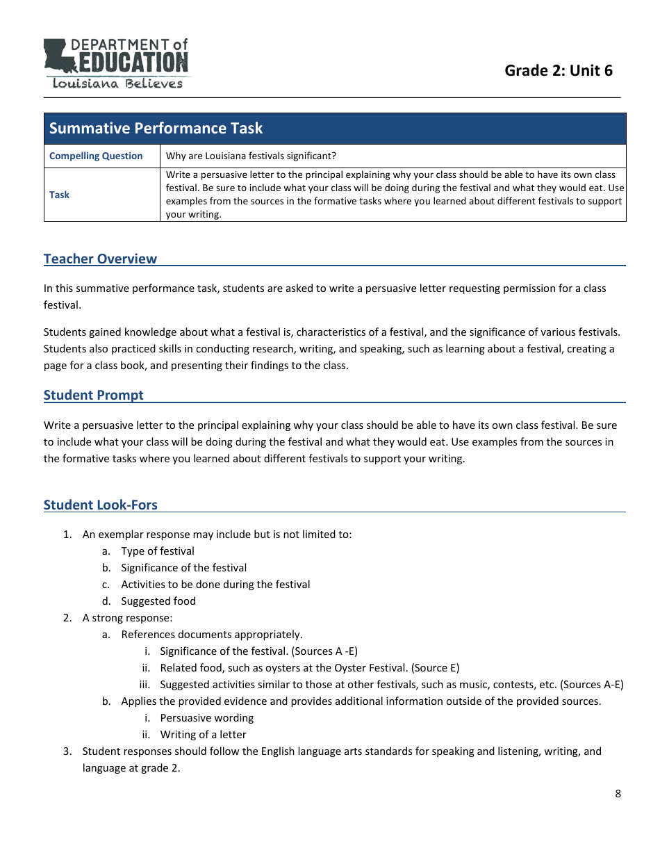 Social Studies - Grade 2, Unit 6 - Festivals - Louisiana, Page 8