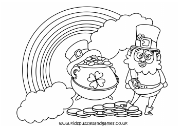 Document preview: Leprechaun With Rainbow and Gold Colouring Sheet
