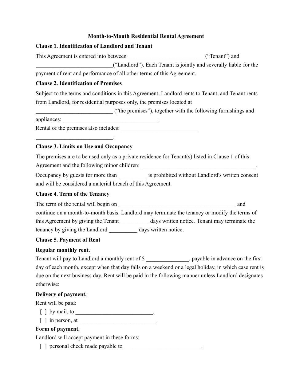 Month-To-Month Residential Rental Agreement Template, Page 1