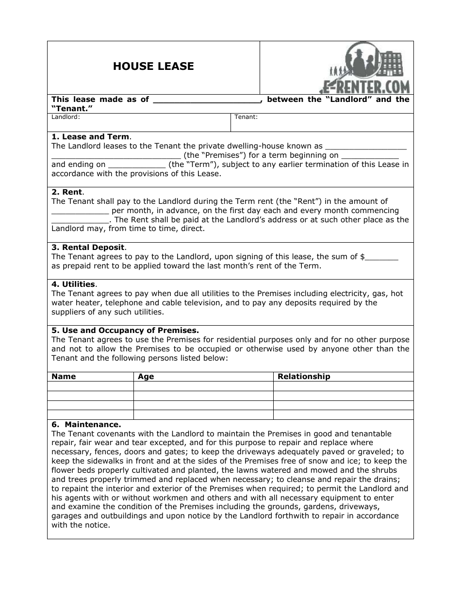 house lease agreement template e renter download