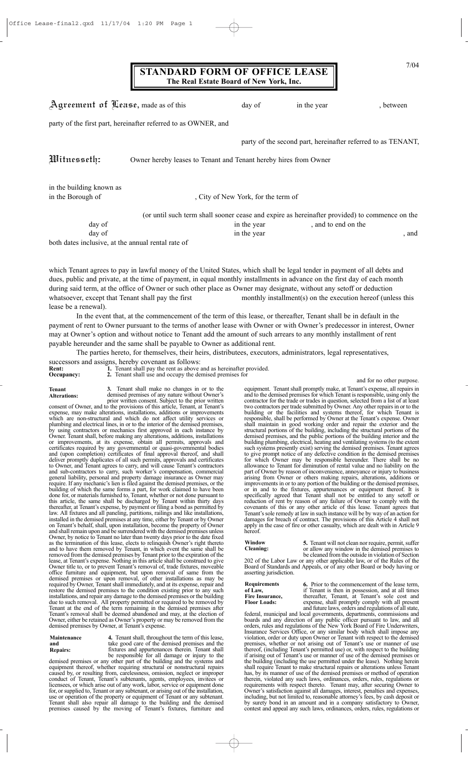 Standard Form of Office Lease - the Real Estate Board of New York, Inc - New York, Page 1