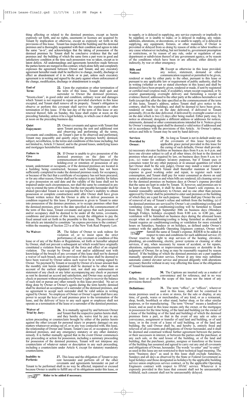 New York Standard Form of Office Lease the Real Estate Board of New