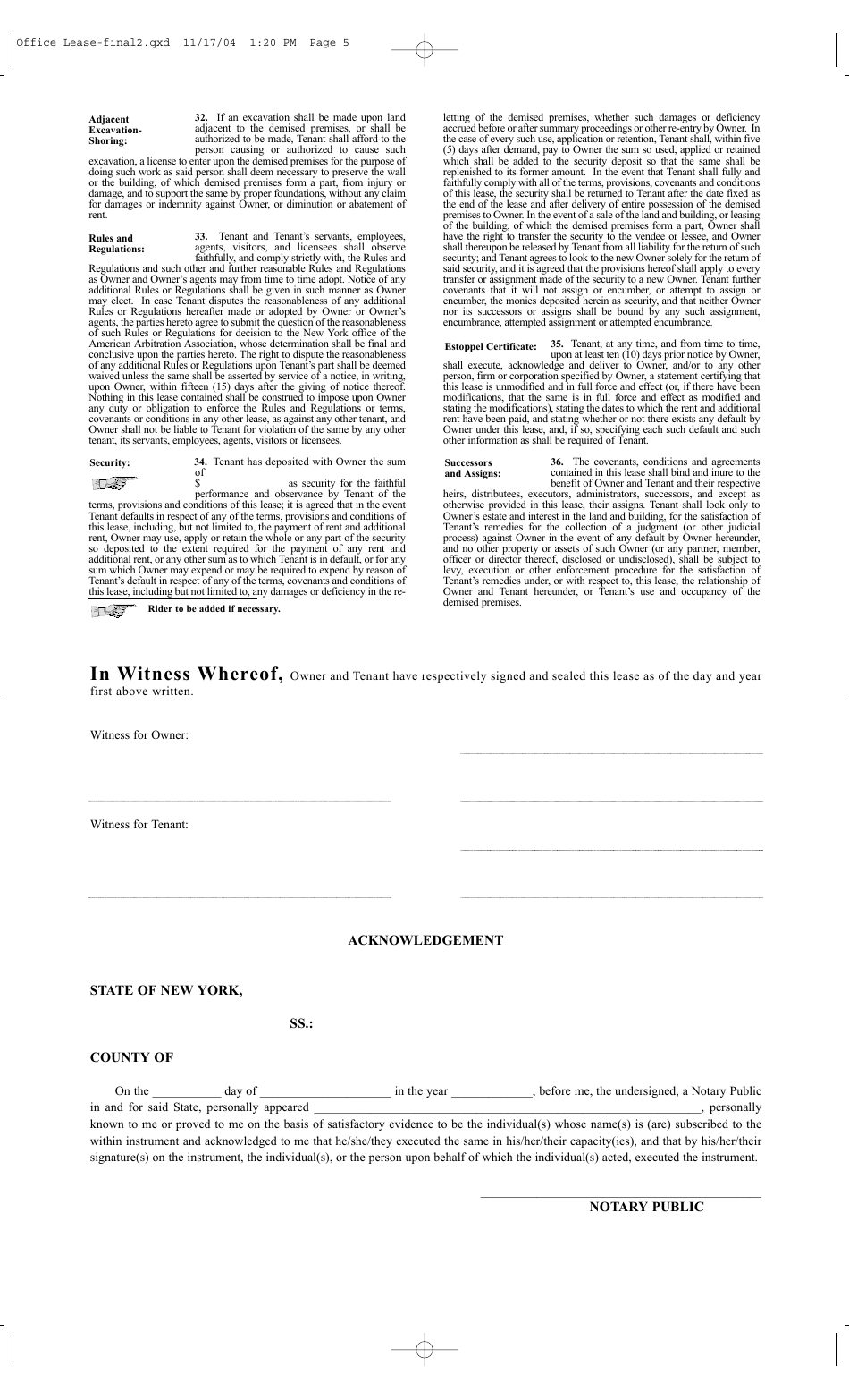 New York Standard Form of Office Lease the Real Estate Board of New