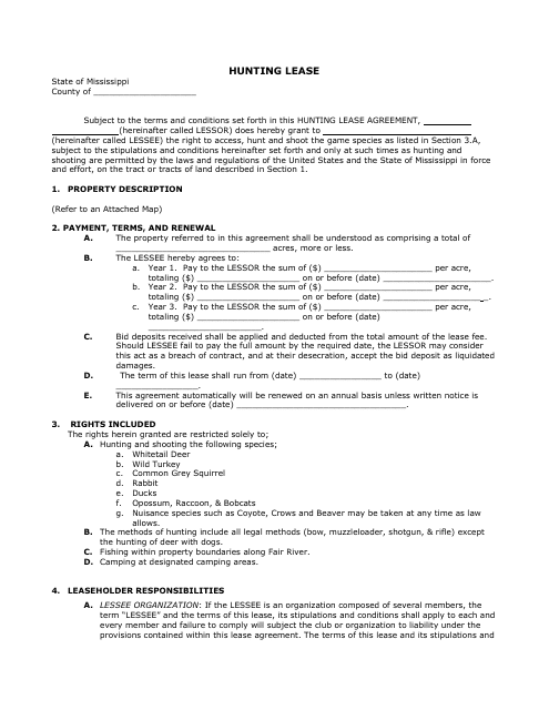 &quot;Hunting Lease Form&quot; - Mississippi Download Pdf