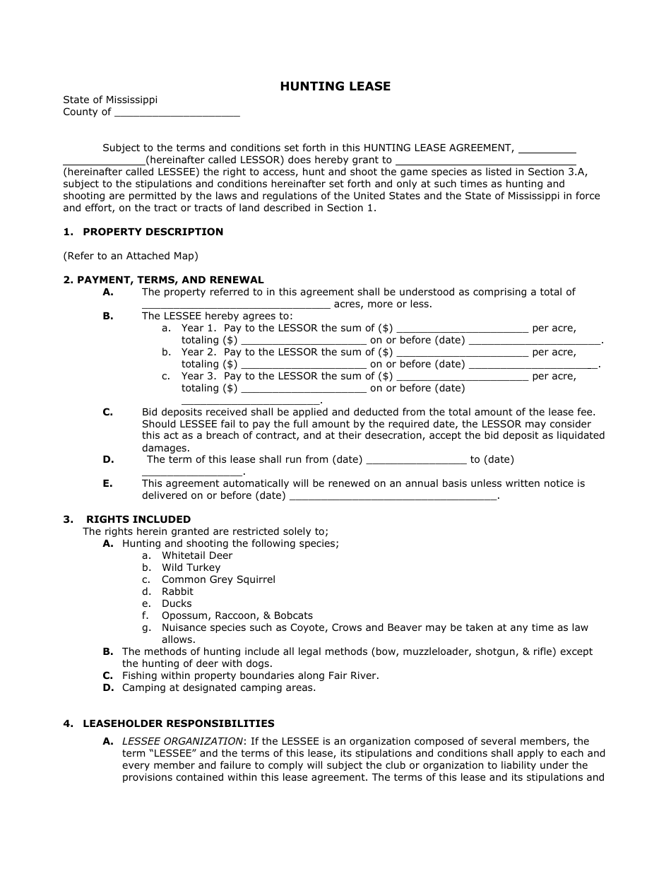 Hunting Lease Form - Mississippi, Page 1