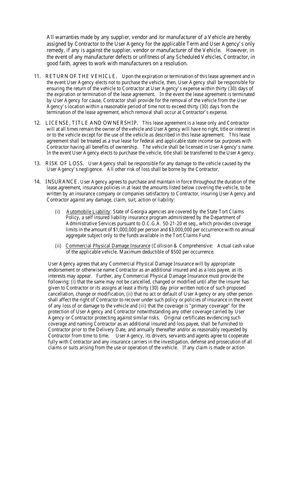 User Agency Vehicle Open End (Financial) Lease Agreement Form - Georgia (United States), Page 4
