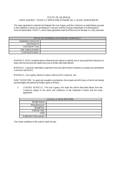 &quot;User Agency Vehicle Open End (Financial) Lease Agreement Form&quot; - Georgia (United States) Download Pdf