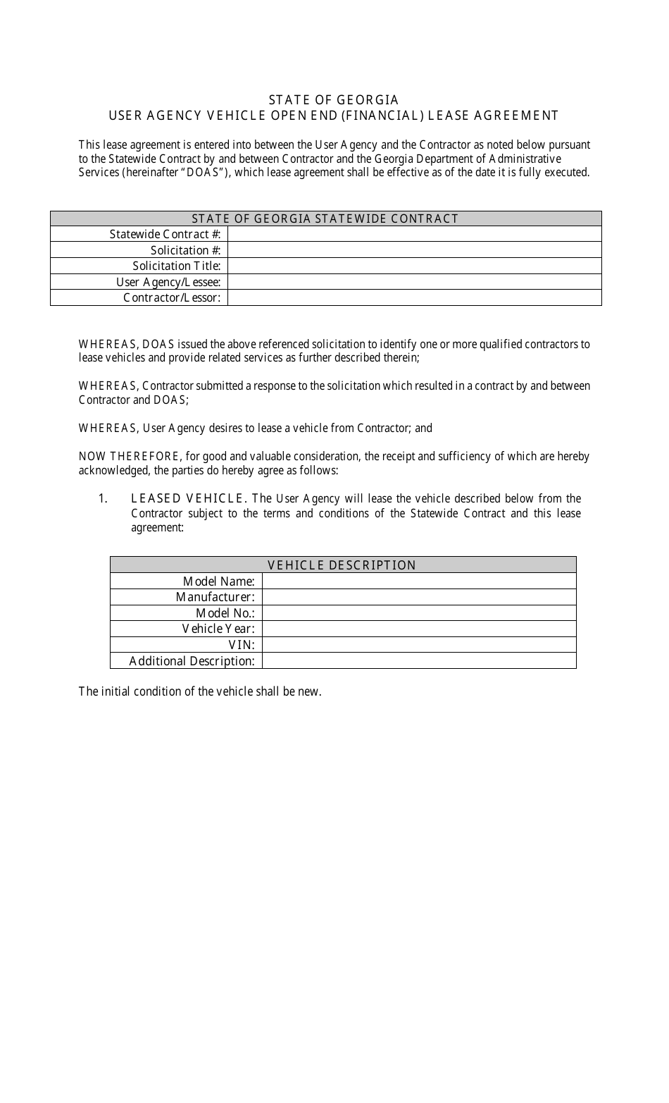 georgia united states user agency vehicle open end financial lease agreement form download printable pdf templateroller