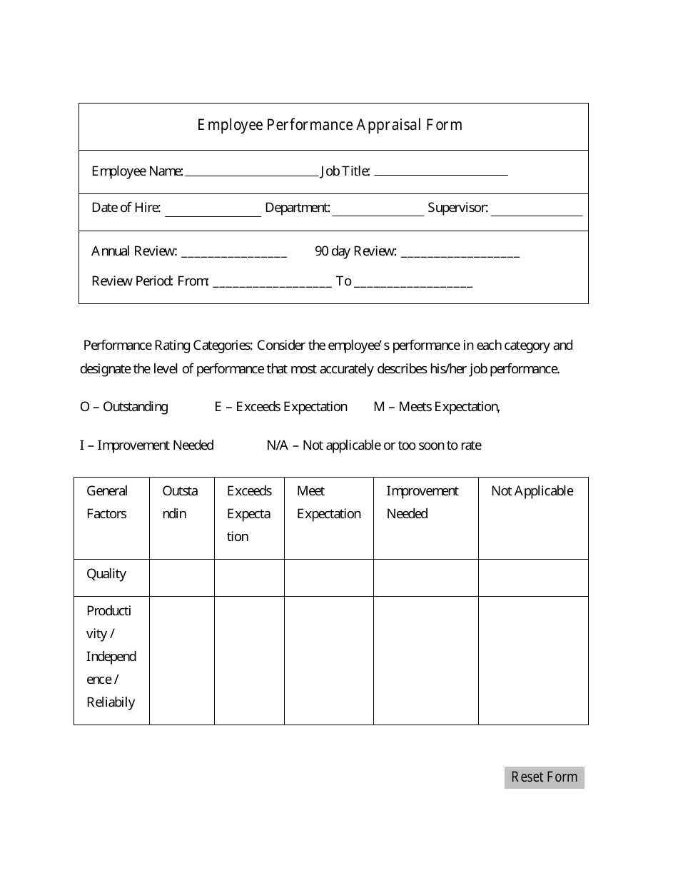 Employee Performance Appraisal Form - Rating Categories, Page 1