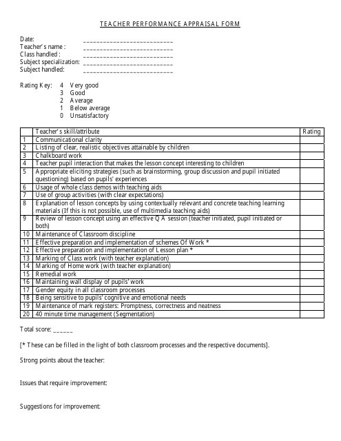 &quot;Teacher Performance Appraisal Form&quot; Download Pdf