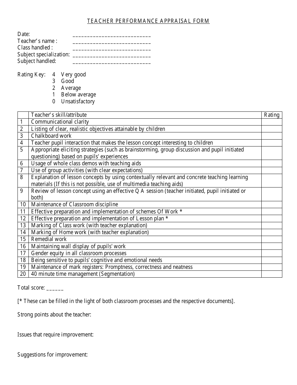 Teacher Performance Appraisal Form Fill Out Sign Online And Download   Teacher Performance Appraisal Form Print Big 