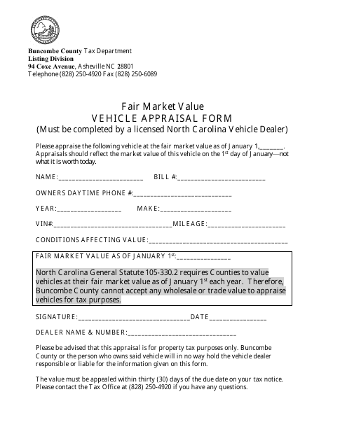 &quot;Vehicle Appraisal Form&quot; - Buncombe County, North Carolina Download Pdf