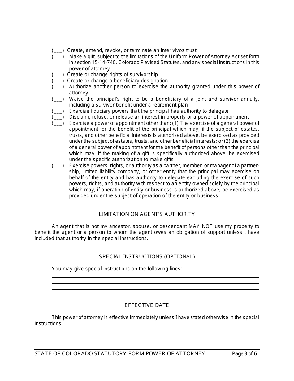 Power of Attorney Form - Statutory Form - Colorado, Page 3