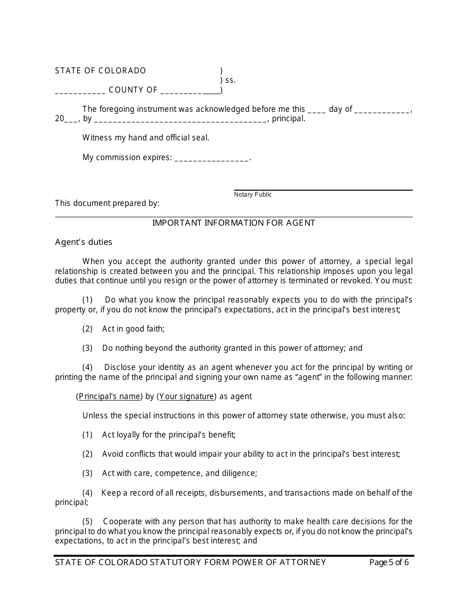 Power of Attorney Form - Statutory Form - Colorado, Page 5