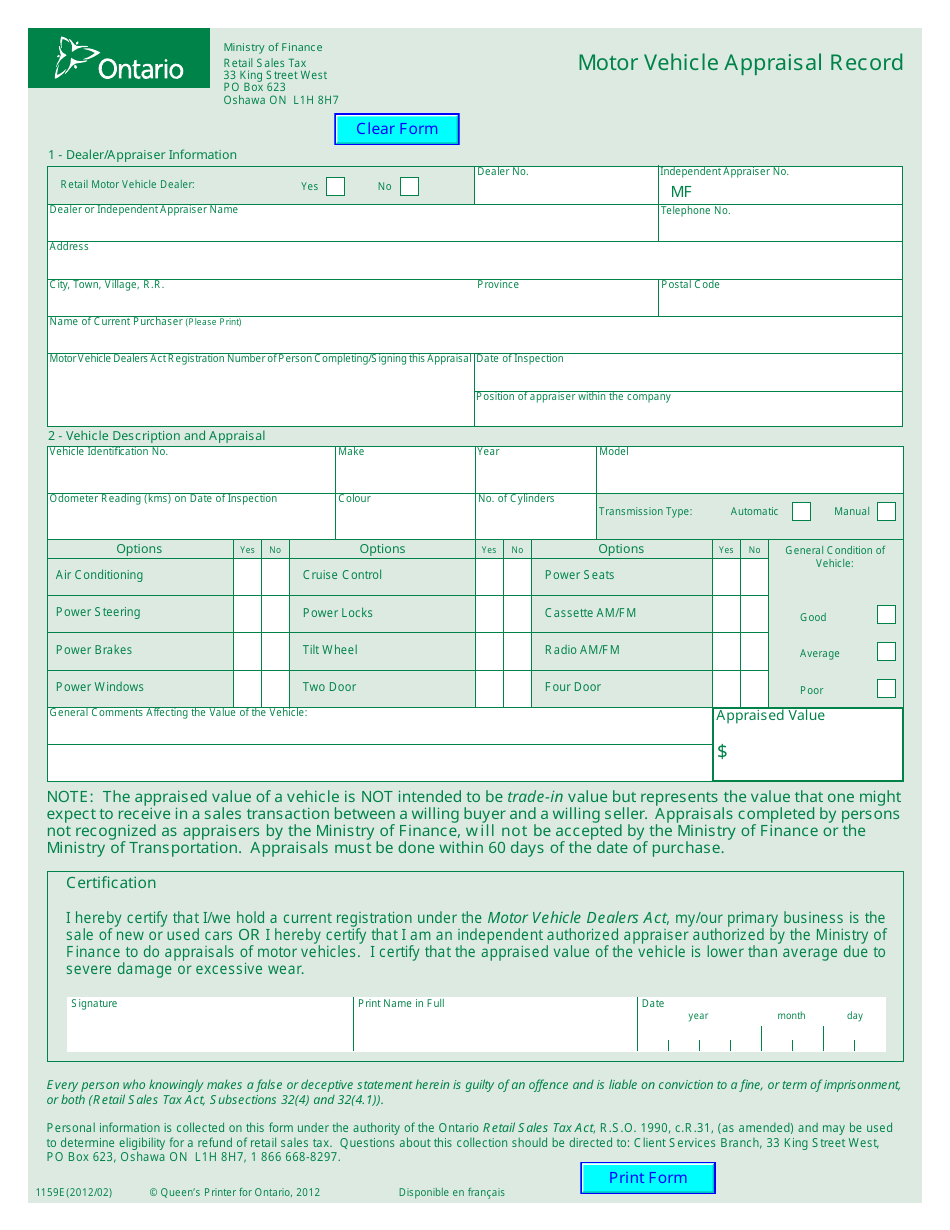 Form 1159E Motor Vehicle Appraisal Record - Ontario, Canada, Page 1