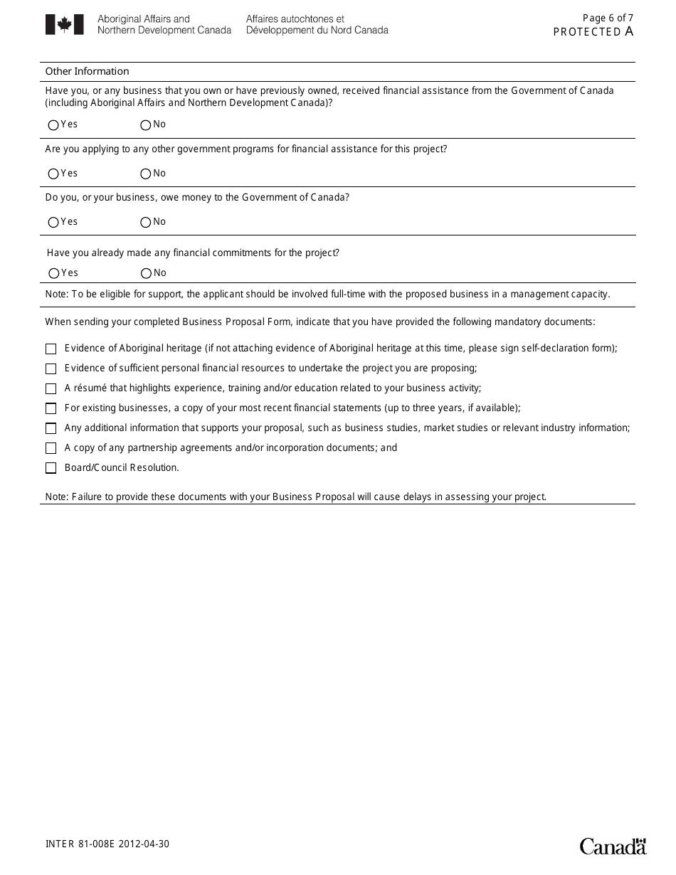 Form 81-008E Business Proposal Form - Canada, Page 6