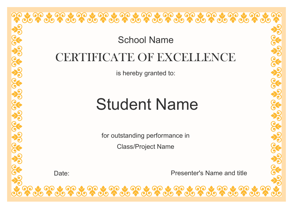 Certificate of Excellence Template - Gold