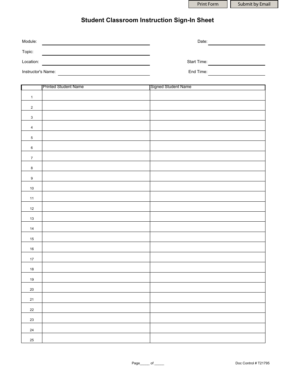 Student Classroom Instruction Sign-In Sheet Template, Page 1