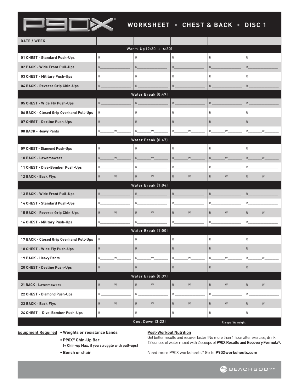 Chest and Back P90x Worksheet Download Printable PDF Templateroller