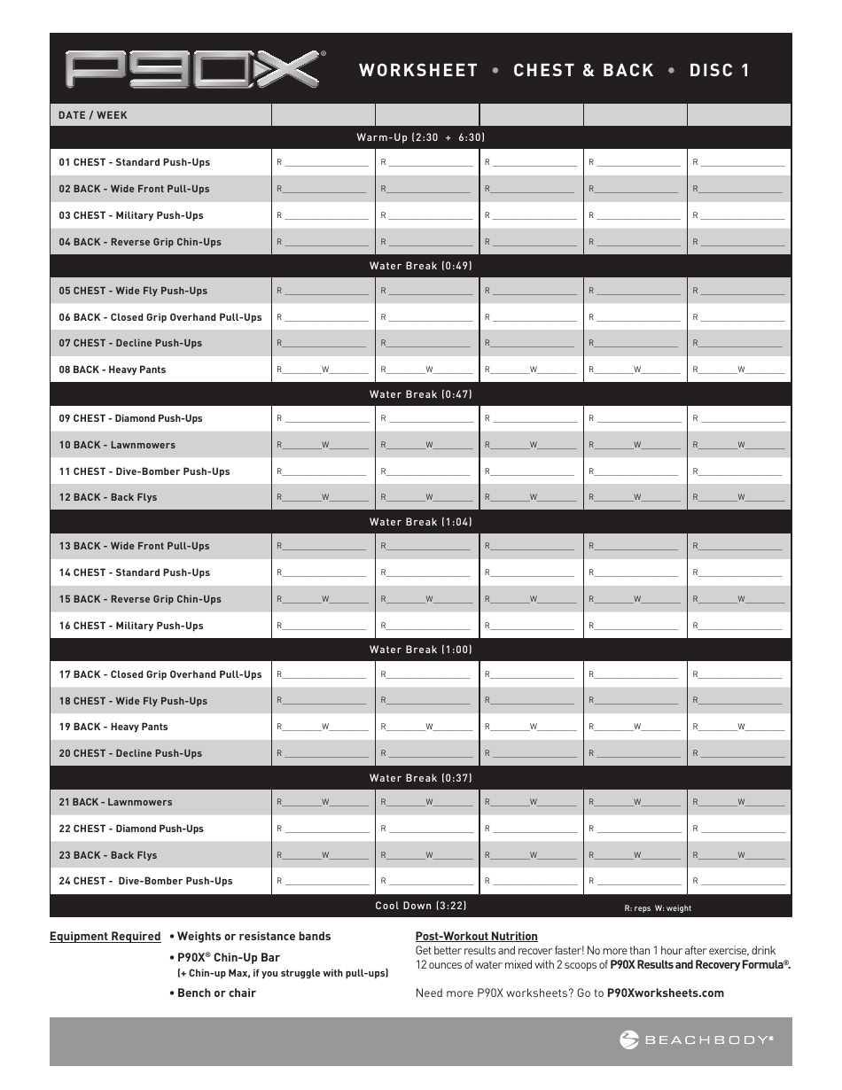 Chest and Back P90x Worksheet Download Printable PDF