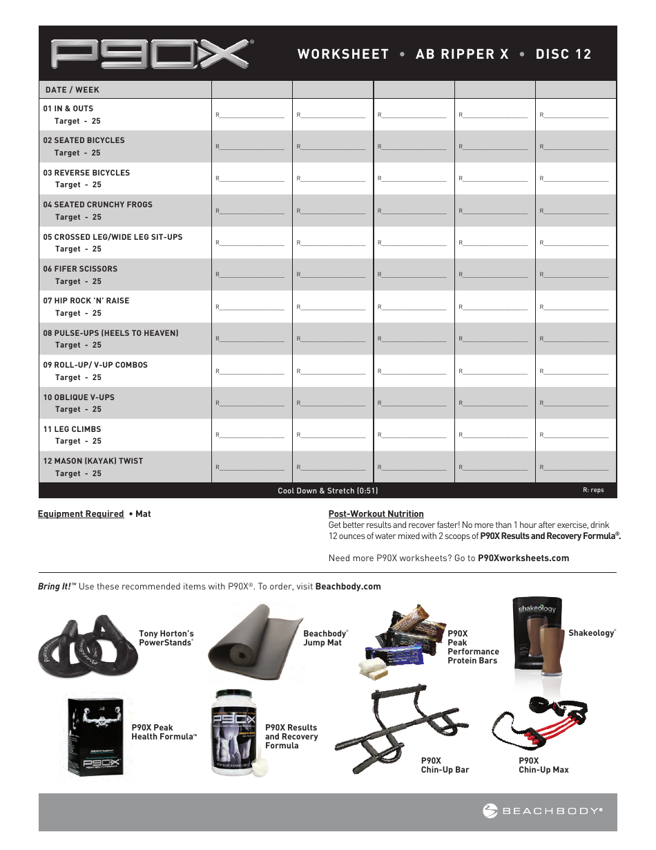 Chest and Back P90x Worksheet Download Printable PDF | Templateroller