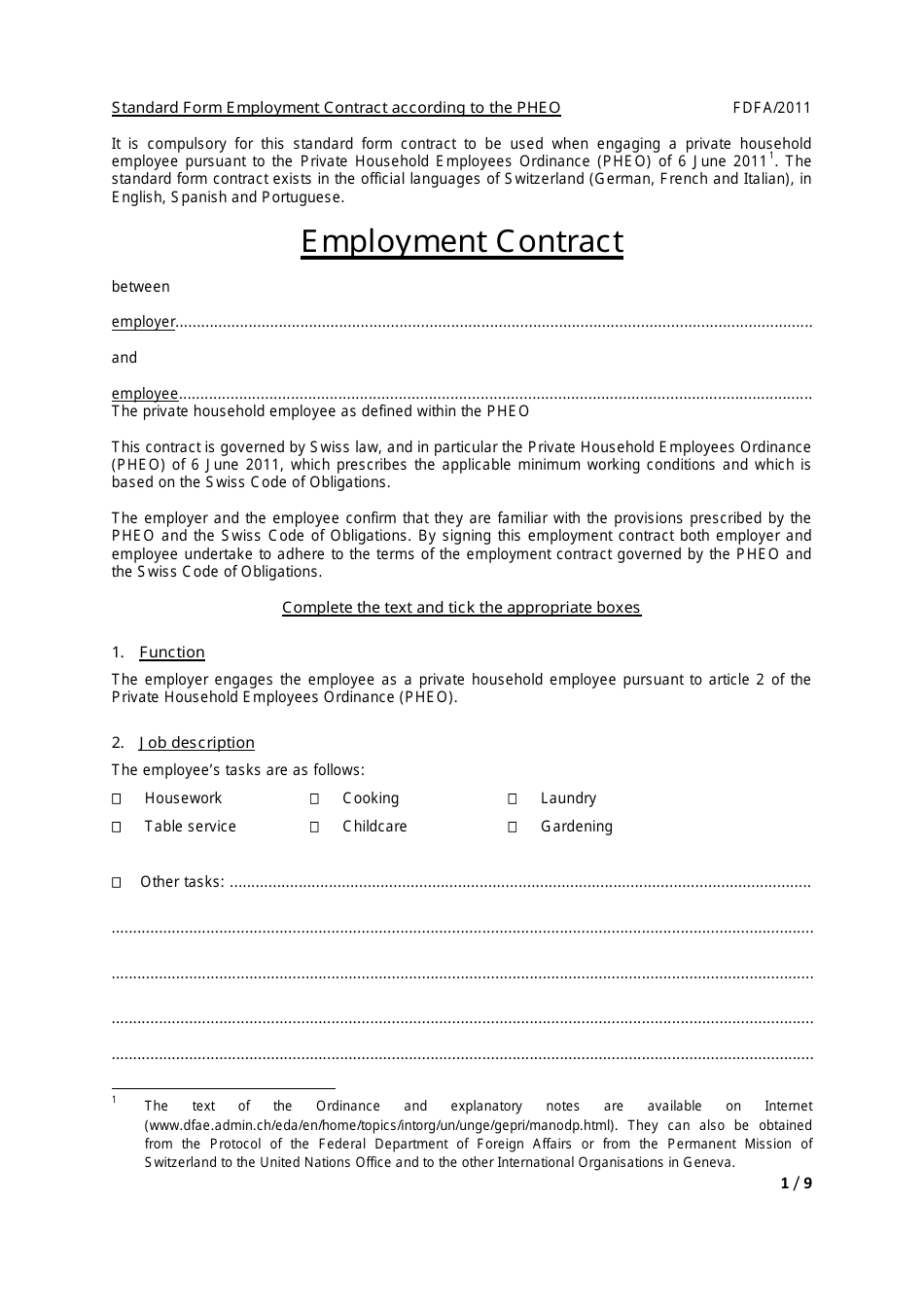 Employment Contract Standard Form - According to the Pheo - Switzerland, Page 1