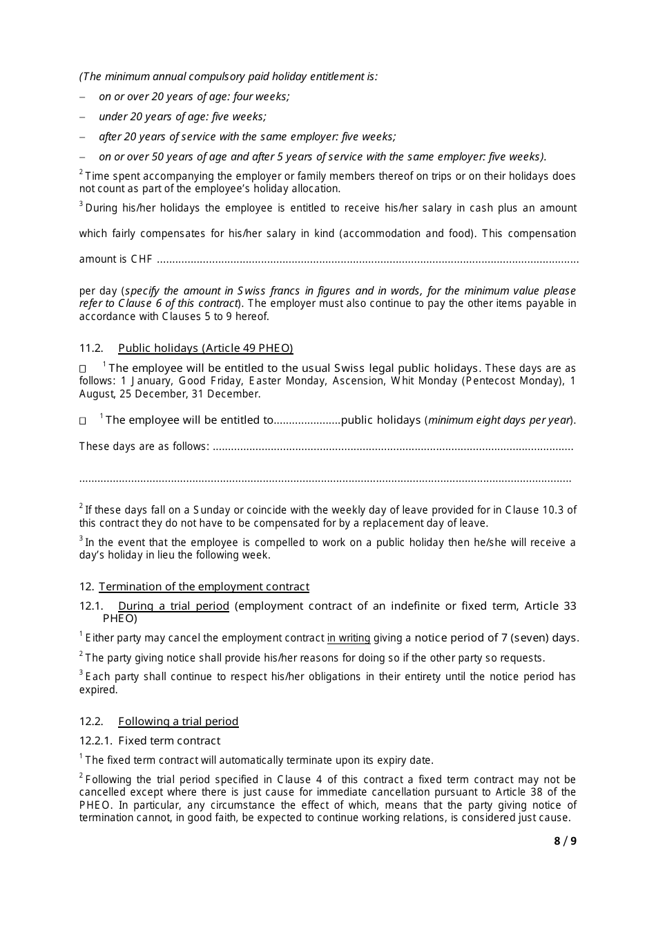Employment Contract Standard Form - According to the Pheo - Switzerland, Page 8