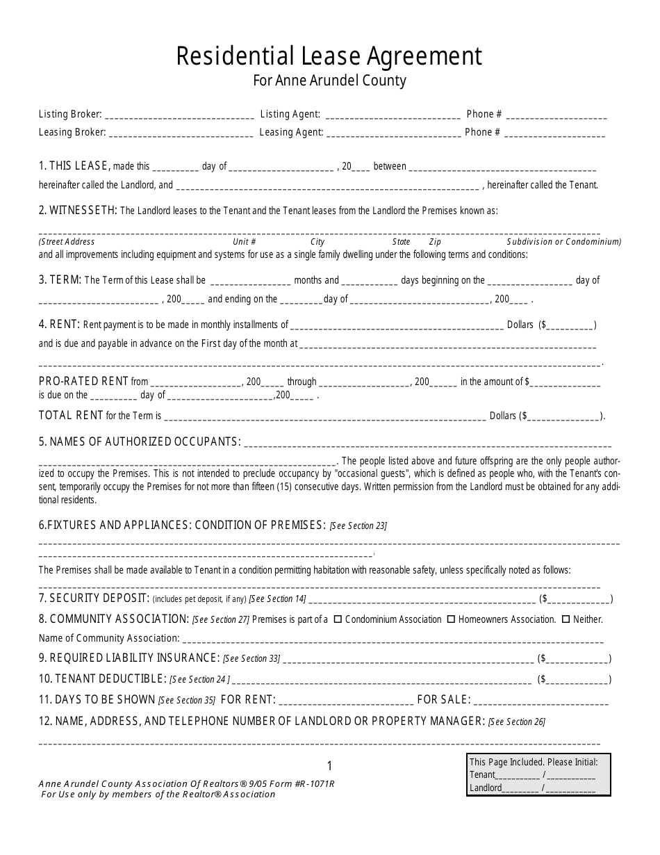Form R-1071R Residential Lease Agreement Template - Anne Arundel County, Maryland, Page 1
