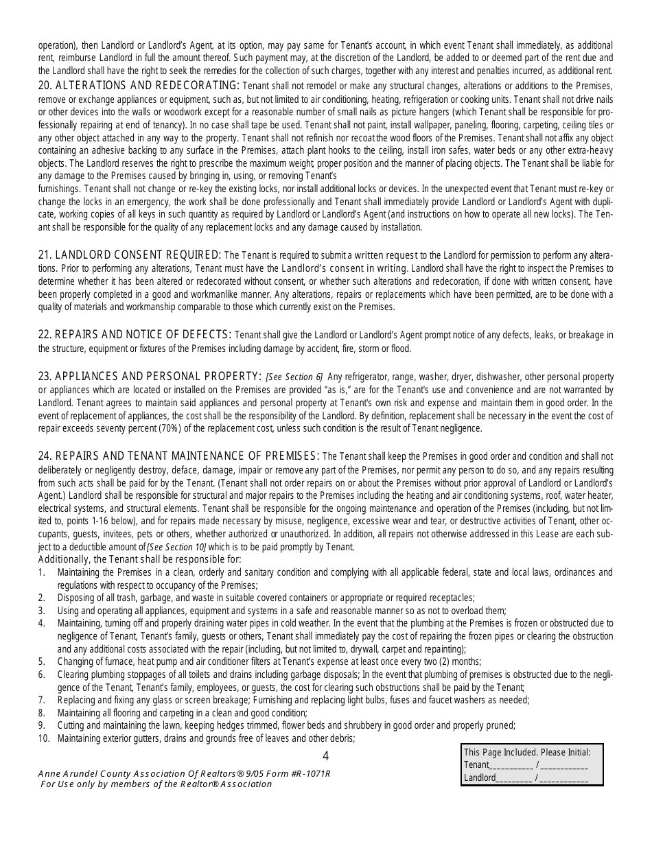 Form R-1071R Residential Lease Agreement Template - Anne Arundel County, Maryland, Page 4