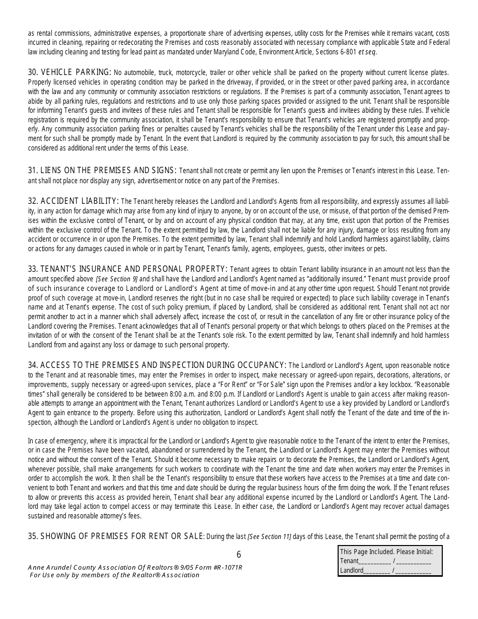 Form R-1071R Residential Lease Agreement Template - Anne Arundel County, Maryland, Page 6