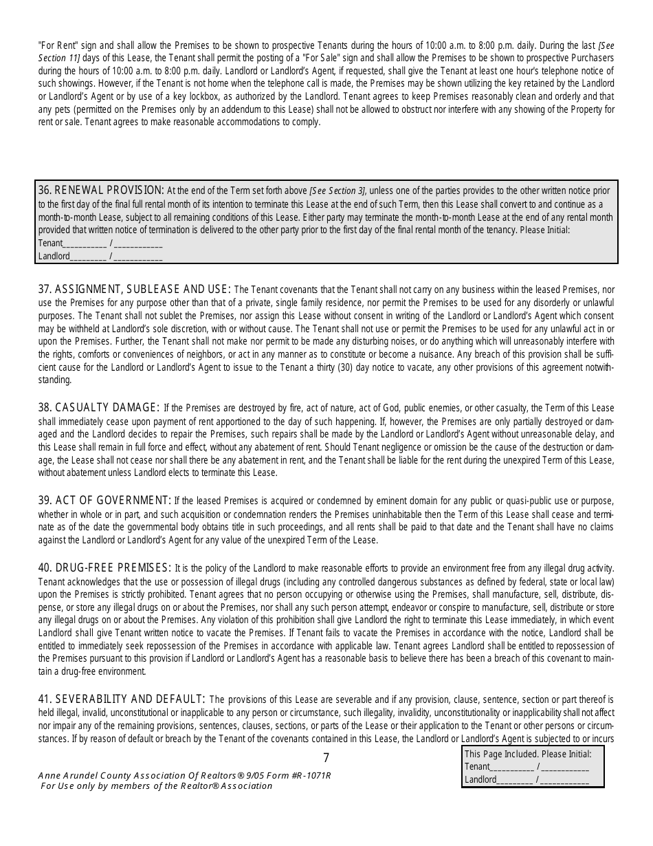 Form R-1071R Residential Lease Agreement Template - Anne Arundel County, Maryland, Page 7