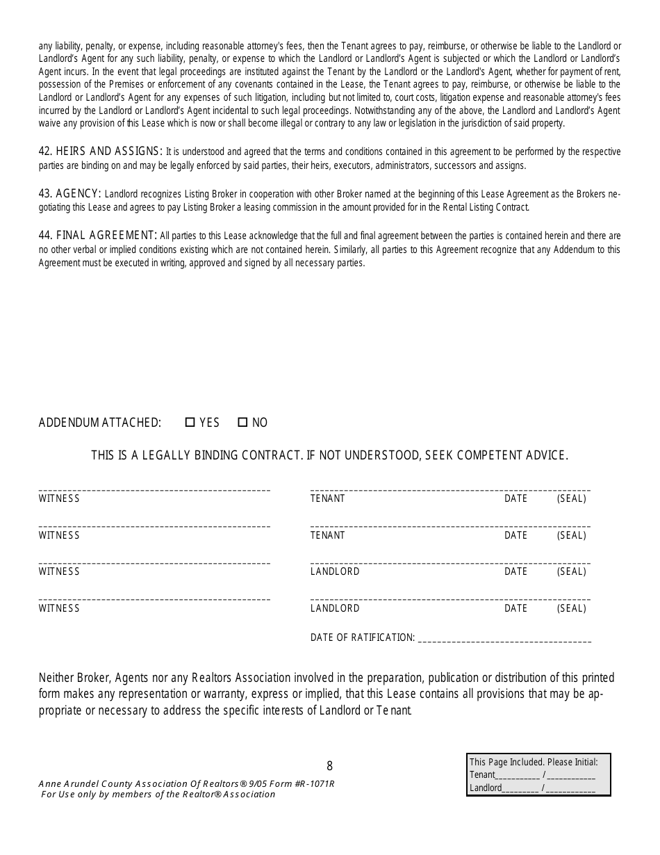 Form R-1071R Residential Lease Agreement Template - Anne Arundel County, Maryland, Page 8