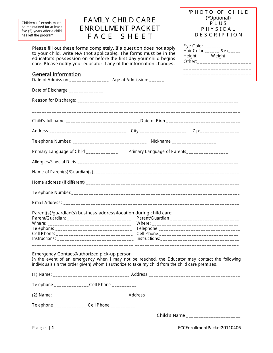 Family Child Care Enrollment Packet - Template