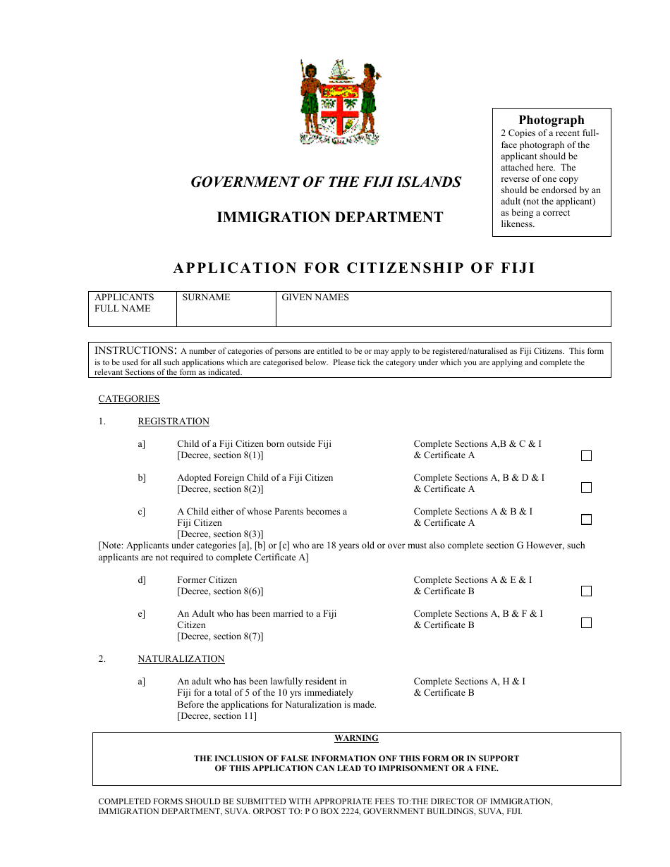 Fiji Application for Citizenship of Fiji Download Printable PDF |  Templateroller