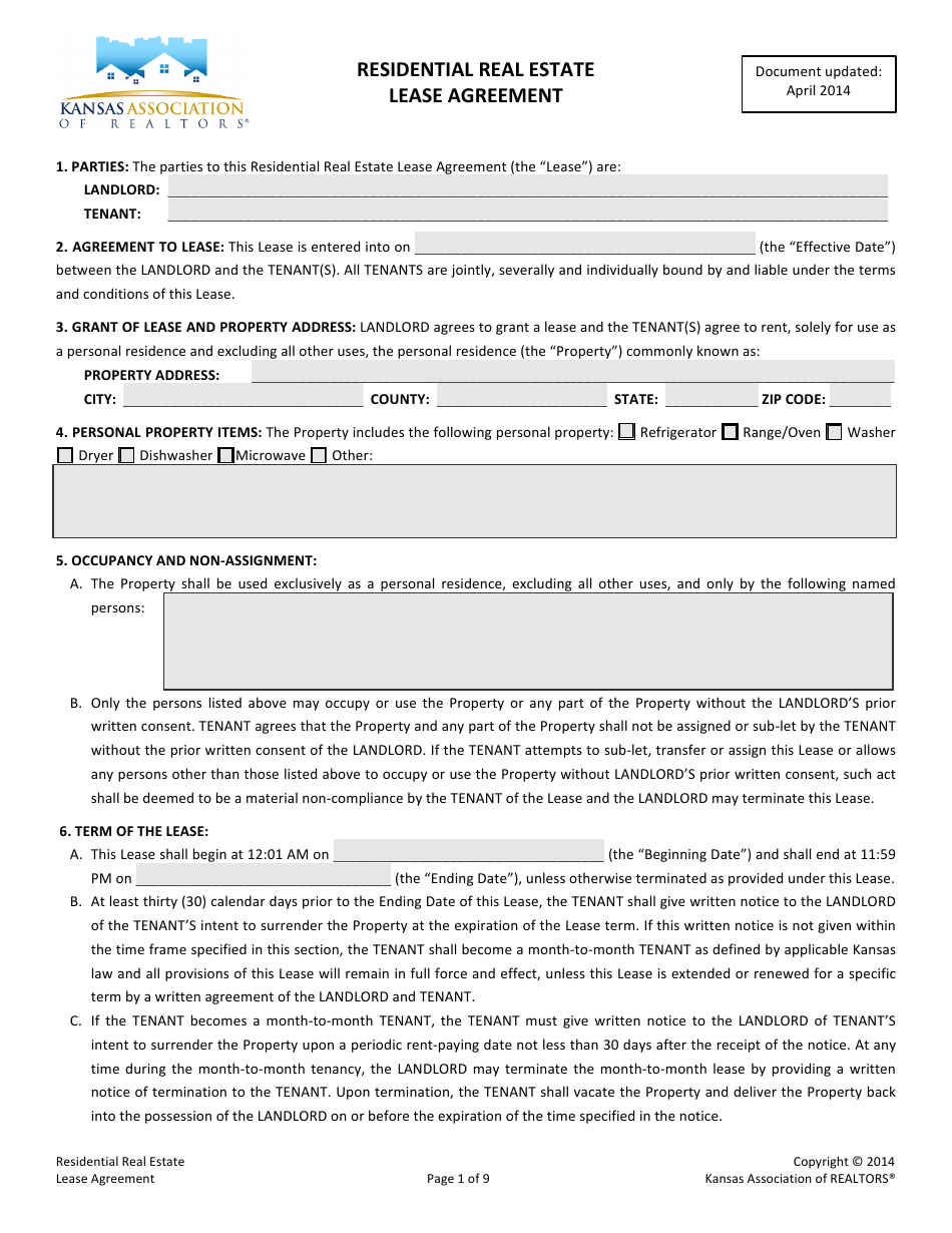 Residential Real Estate Lease Agreement Form - Kansas Association of Realtors - Kansas, Page 1