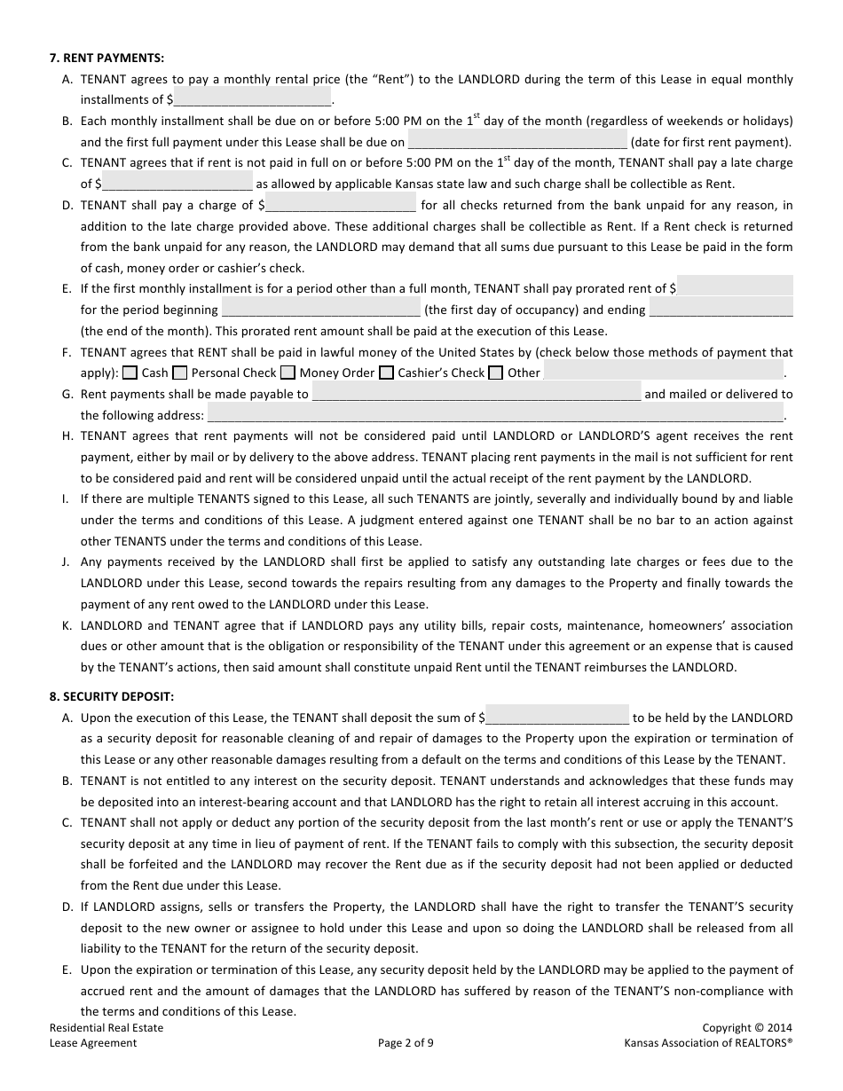 Kansas Residential Real Estate Lease Agreement Form - Kansas ...