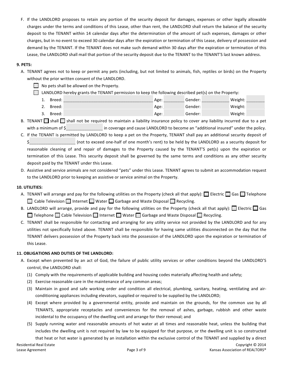 Kansas Residential Real Estate Lease Agreement Form Kansas