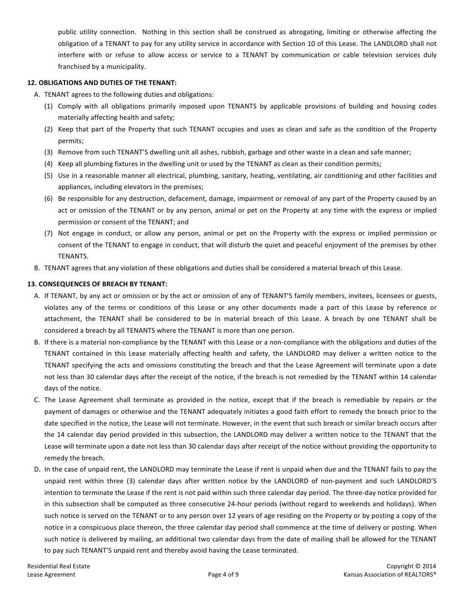 Kansas Residential Real Estate Lease Agreement Form Kansas