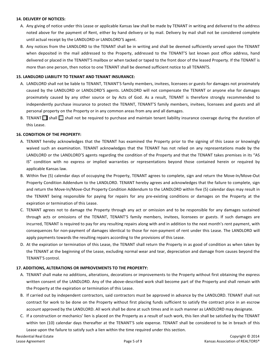 Residential Real Estate Lease Agreement Form - Kansas Association of Realtors - Kansas, Page 5