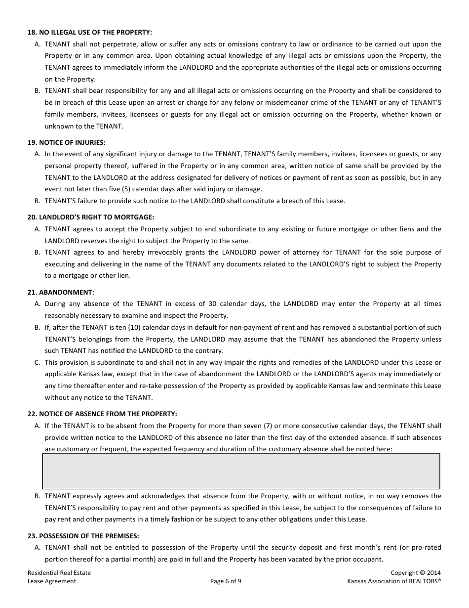 Residential Real Estate Lease Agreement Form - Kansas Association of Realtors - Kansas, Page 6