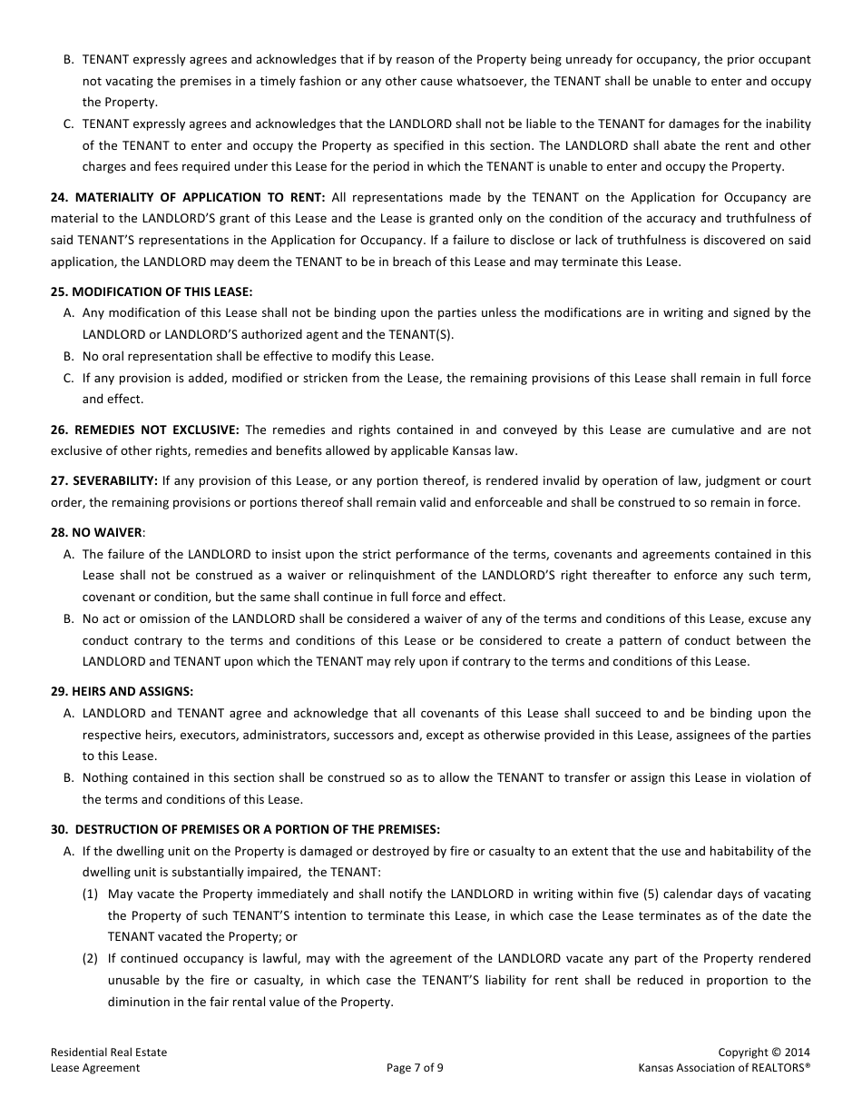 Kansas Residential Real Estate Lease Agreement Form Kansas
