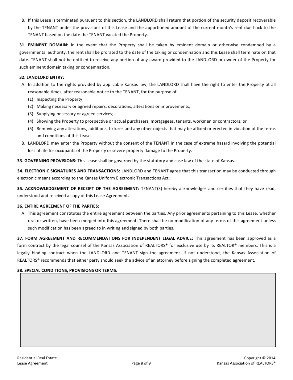 Kansas Residential Real Estate Lease Agreement Form Kansas Association of Realtors Fill Out